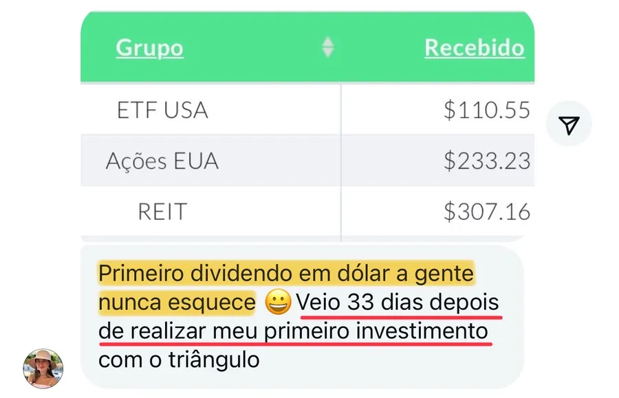 Print do primeiro dividendo em dólar: ETF USA, Ações EUA e REIT em 33 dias