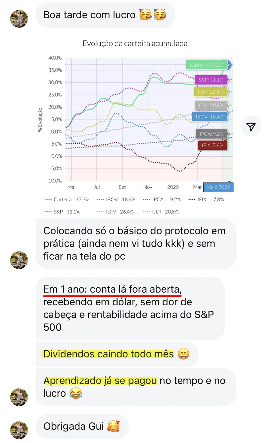 Gráfico de rentabilidade da carteira acima do S&P 500