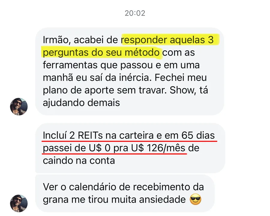 Print de Direct: respondeu 3 perguntas, saiu da inércia, US$ 0 para US$ 126/mês em 65 dias