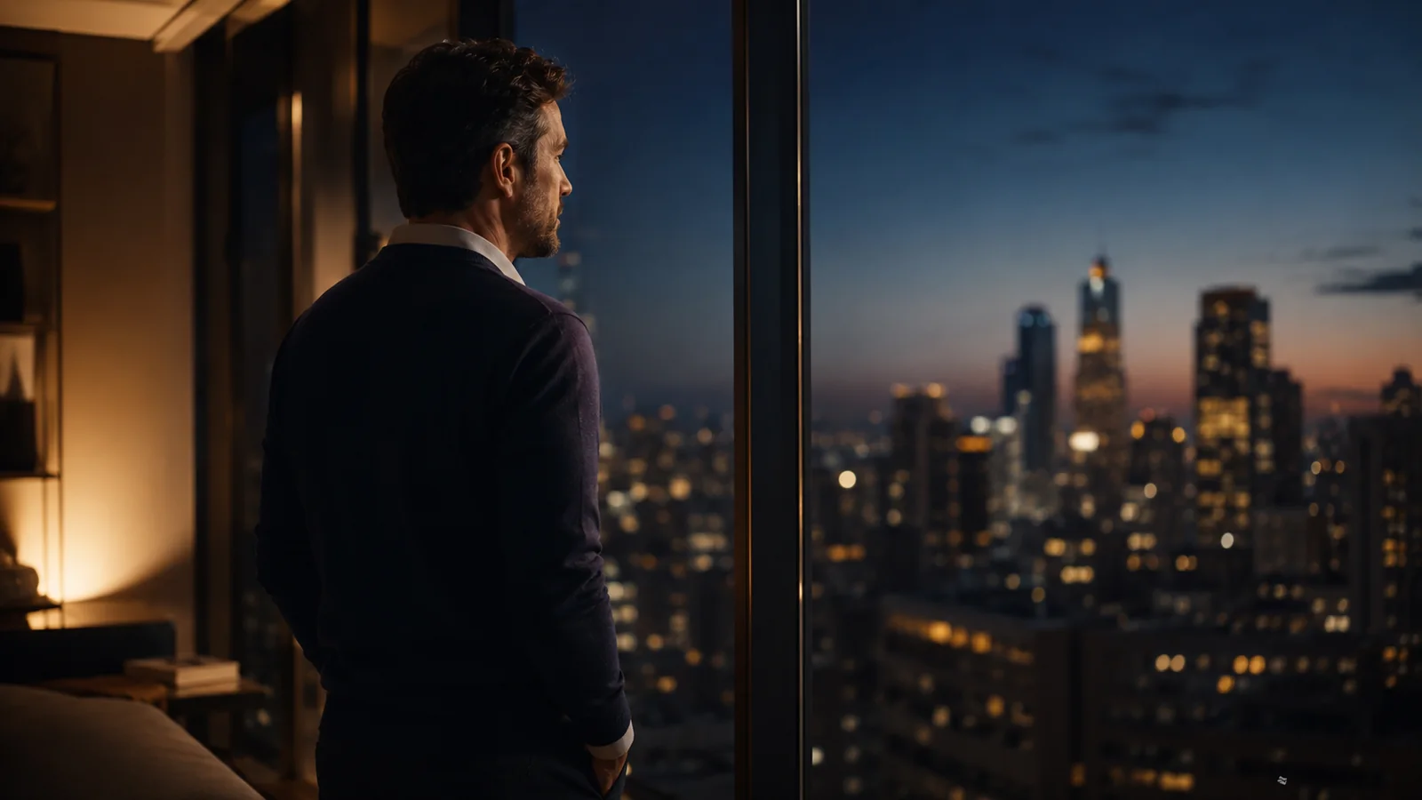 Médico observando a cidade ao entardecer, pensando no futuro do próprio patrimônio